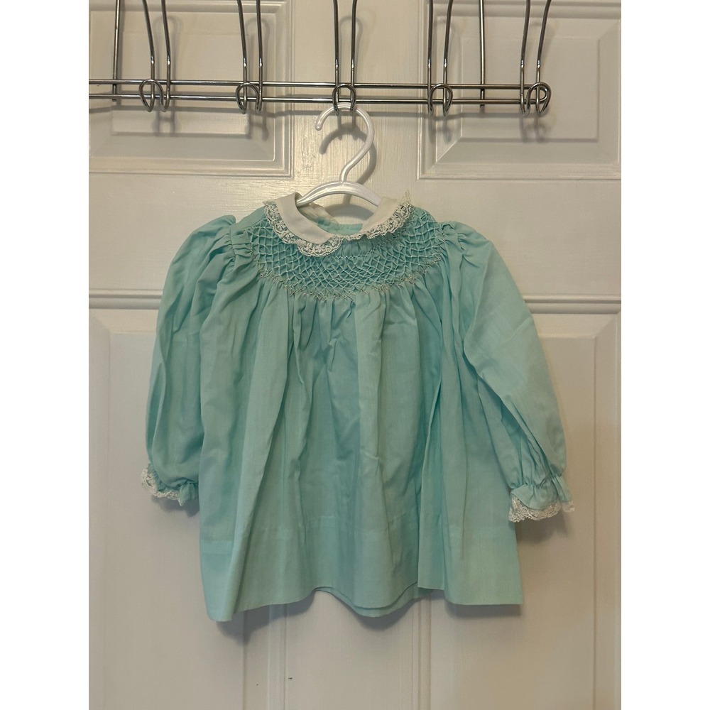 Polly Flinders Vintage Hand Smocked Baby Dress Aqua Blue Lace Trim 18 Months